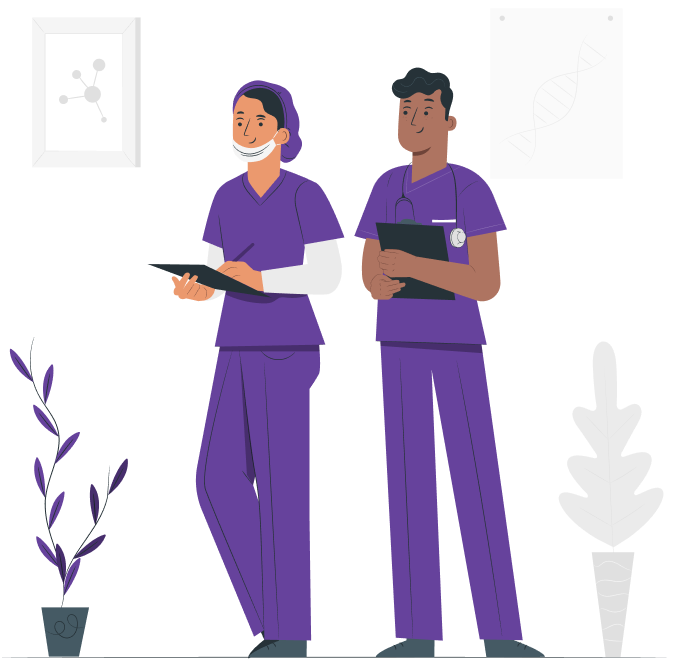 Two clinicians in scrubs reviewing notes on clipboards