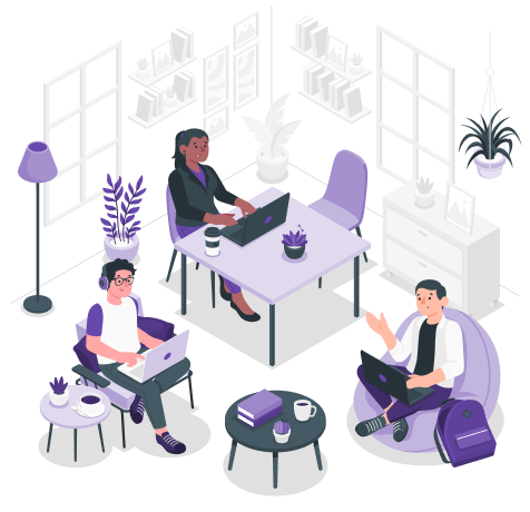 A team collaborating around a shared workspace